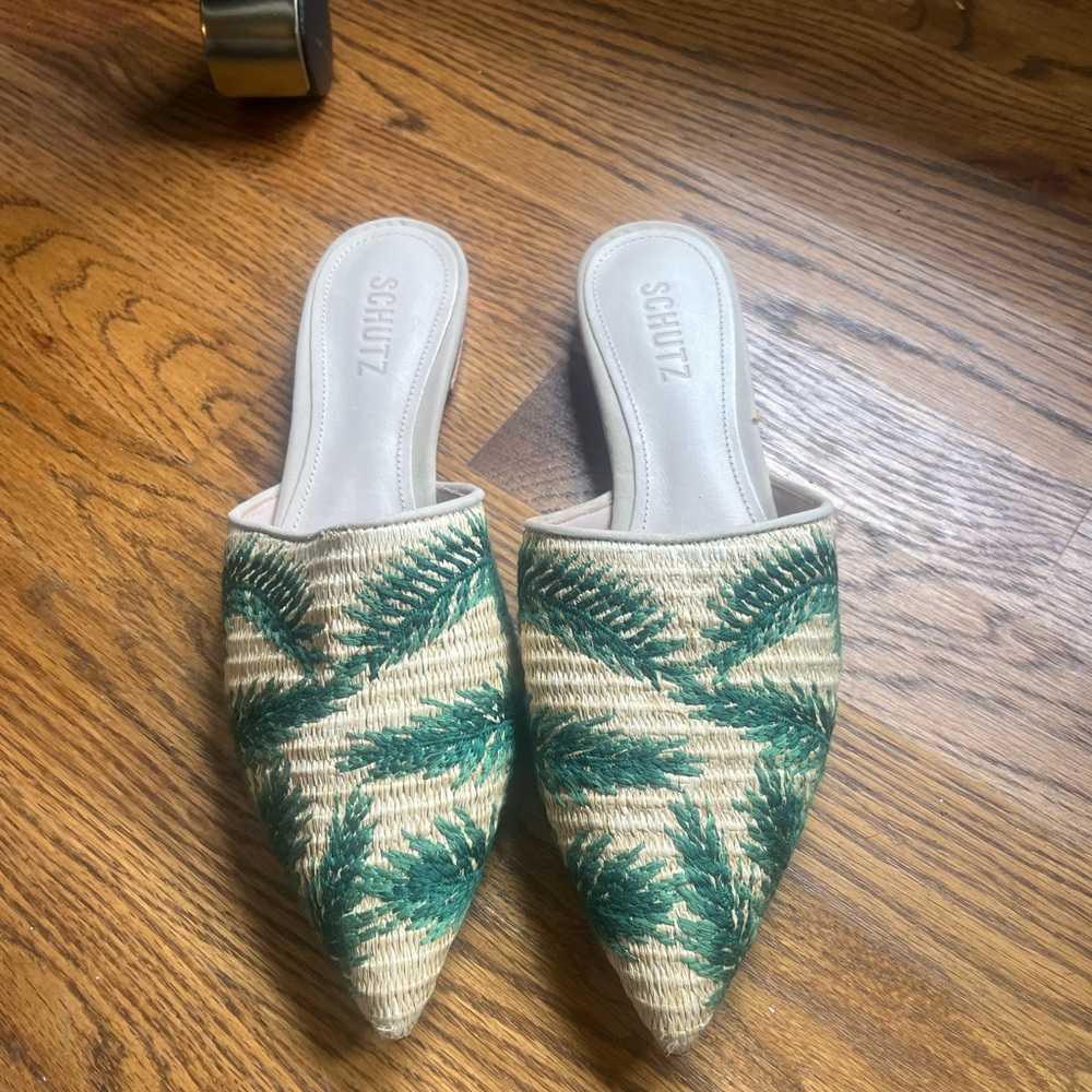 SCHUTZ Green and Cream Patterned Mules